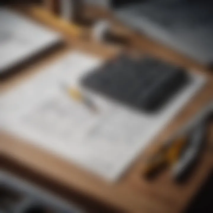 A calculator with architectural drawings and a ruler