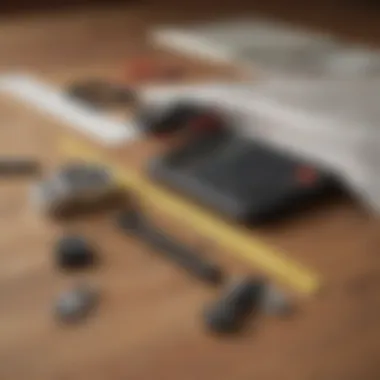 Tools for measuring square footage, including a tape measure and calculator