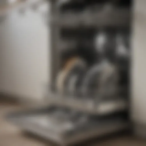 Close-up of dishwasher bottom with debris