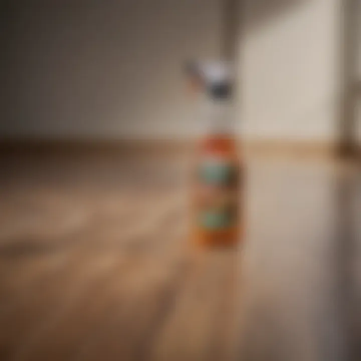 A bottle of vinegar and a spray cleaner on laminate flooring