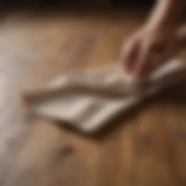 A close-up of a soft cloth being used on a polished wood surface