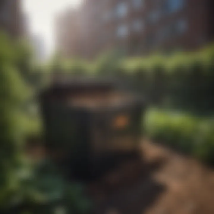 Urban compost bin surrounded by greenery