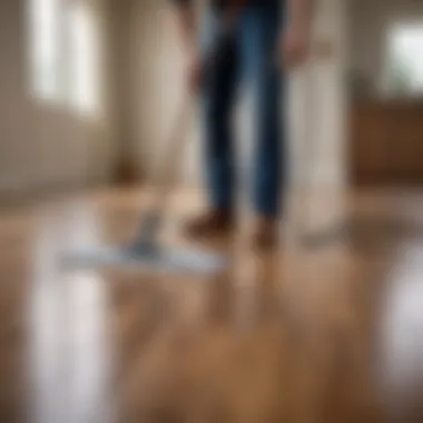 Professional cleaner applying a methodical cleaning technique to laminate wood flooring