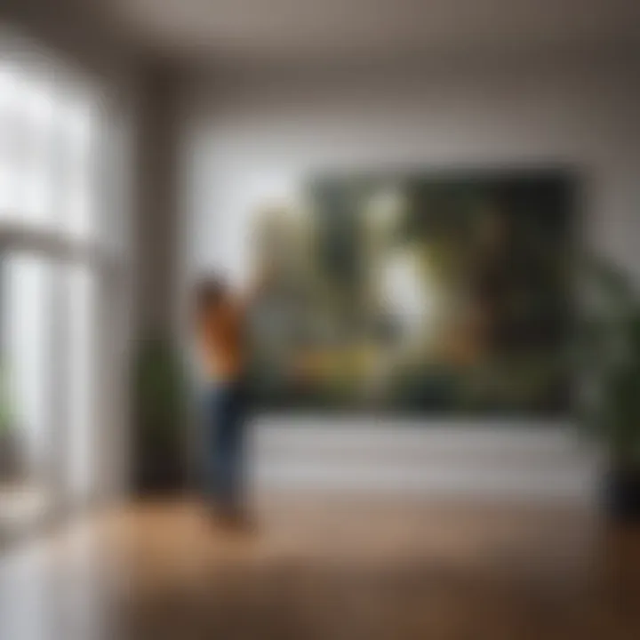 An interior designer evaluating the height of a painting in a modern space