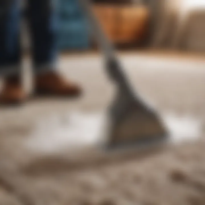 A demonstration of a steam cleaning process on a plush area rug.