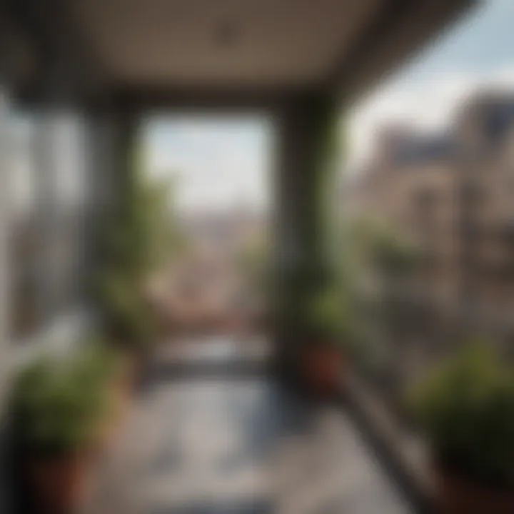 Charming balcony view from a one-bedroom apartment emphasizing location and ambiance.