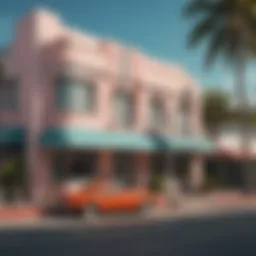 A vibrant street scene showcasing the art deco architecture of South Beach.