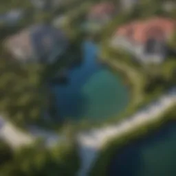 Aerial view of Pelican Cove showcasing lush greenery and water features