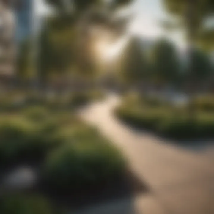 A picturesque park surrounded by modern apartment buildings and families enjoying the outdoors
