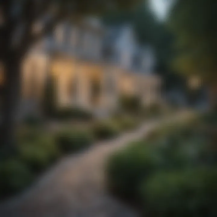 An upscale residential area featuring charming houses and well-maintained gardens