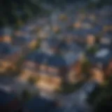 Aerial view of diverse properties showcasing residential and commercial spaces