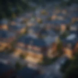 Aerial view of diverse properties showcasing residential and commercial spaces
