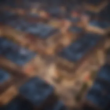An aerial view of a bustling commercial district filled with retail and office spaces.