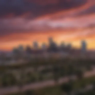 Stunning skyline view of Denver at sunset with colorful skies