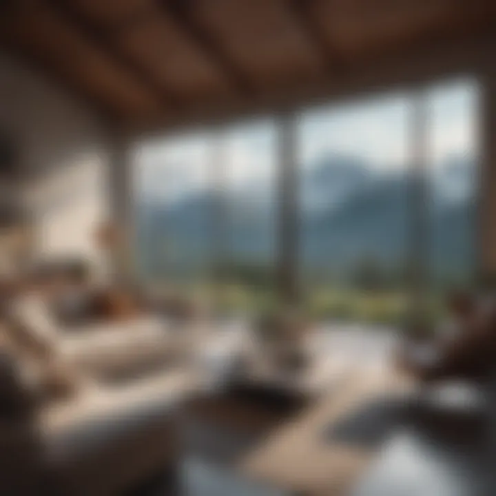 Cozy living room with large windows showcasing mountain scenery