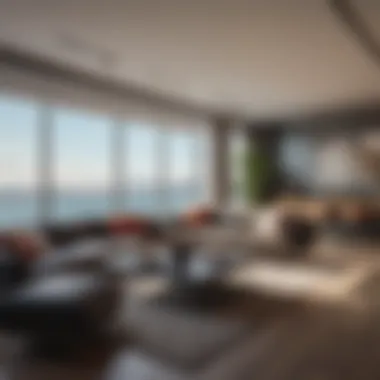 Luxurious Waterfront Interiors Luxurious interior of a waterfront apartment featuring expansive windows and stylish decor.