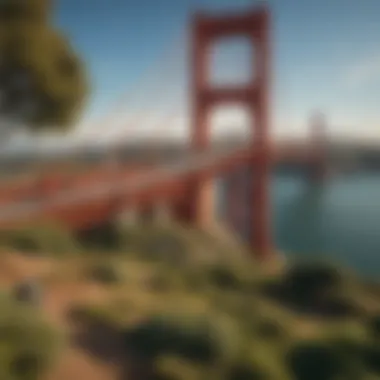 A scenic view of the Golden Gate Bridge with nearby parks and community spaces