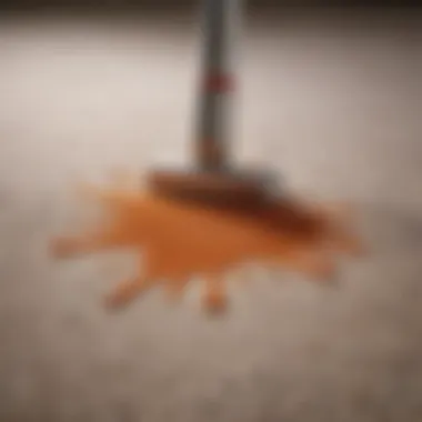 Close-up of a stubborn stain on a carpet being treated with cleaning solution.