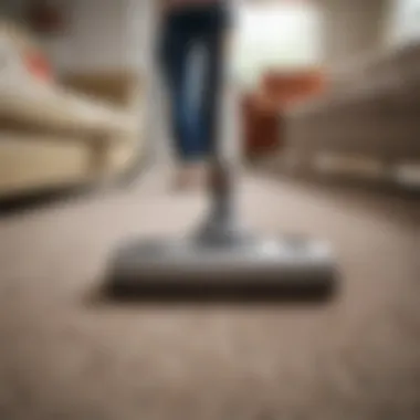 A vacuum cleaner being used on a carpet to remove dirt and debris.