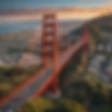 A scenic view of the Golden Gate Bridge framed by vibrant neighborhoods