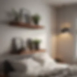 Cleverly designed floating shelves in a small bedroom