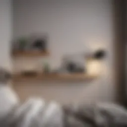 Stylish wall-mounted shelves in a compact bedroom