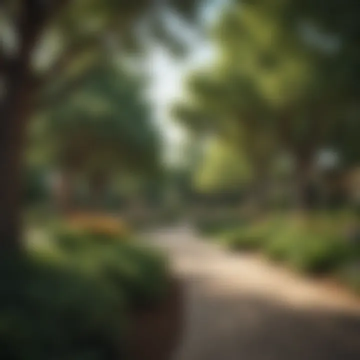 A vibrant neighborhood park filled with lush greenery and families enjoying their day