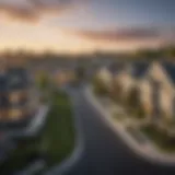 A panoramic view of a thriving suburban neighborhood showcasing residential homes and well-kept landscapes.