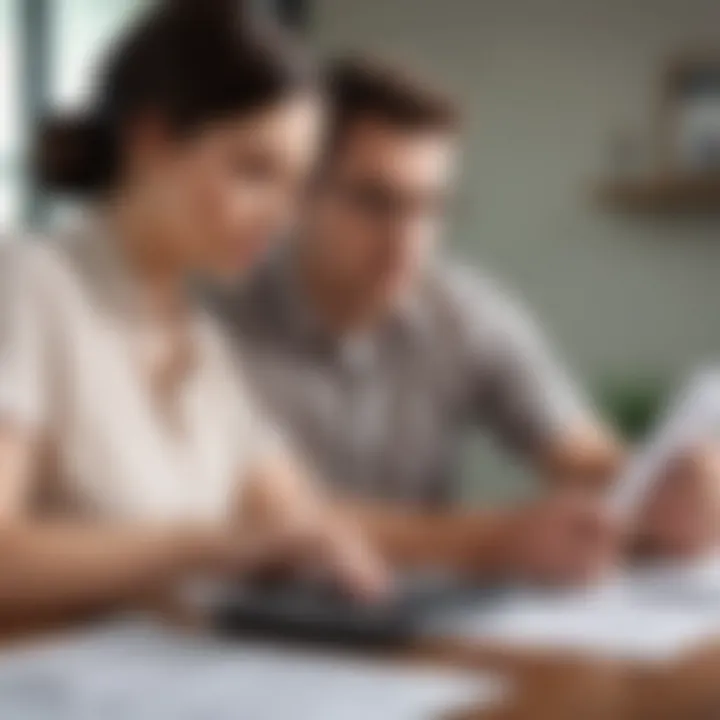 A thoughtful couple weighing options with paperwork and a calculator, symbolizing financial considerations.