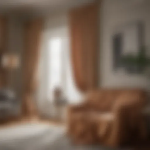 Luxurious silk fabric draped gracefully in a modern living room setting, highlighting its elegant sheen.