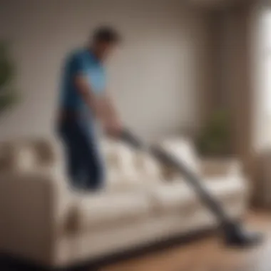 A person using a vacuum cleaner on a sofa