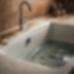 A close-up of a sink with standing water and visible debris.