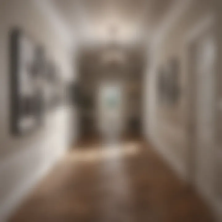 An elegant hallway featuring a series of large pictures spaced artfully, demonstrating considerations for spacing.