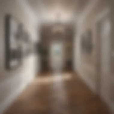 Hallway Picture Spacing An elegant hallway featuring a series of large pictures spaced artfully, demonstrating considerations for spacing.