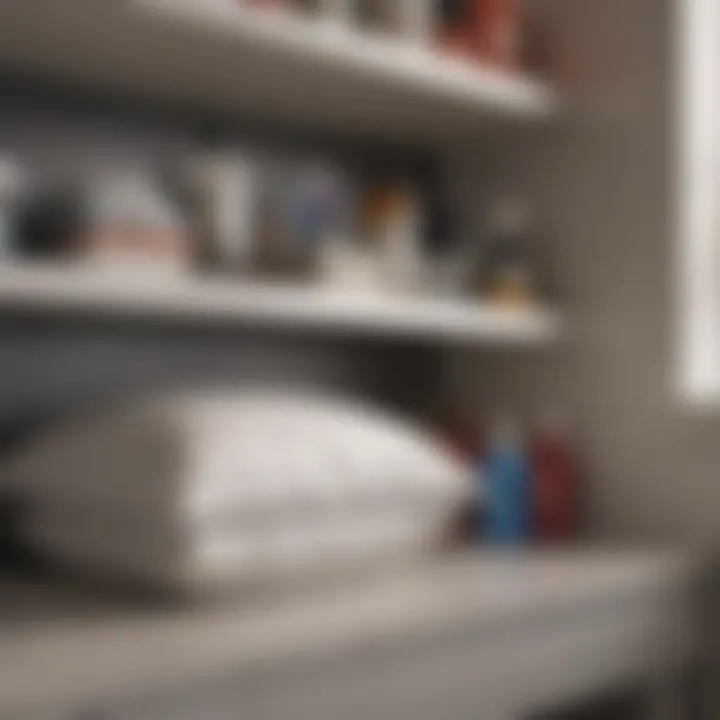 An organized shelf with pillow protectors and cleaning supplies