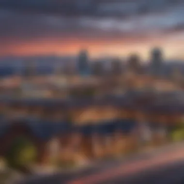 A panoramic view of Denver's skyline with apartments in the foreground