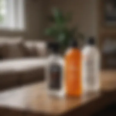 Variety of furniture disinfectants arranged on a wooden table