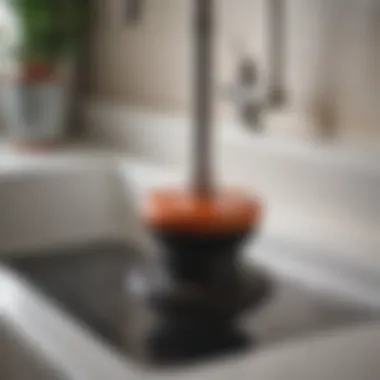 A Plunger Ready for Action Close-up of a plunger on a kitchen sink