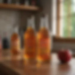 Bottles of apple cider vinegar on a wooden countertop