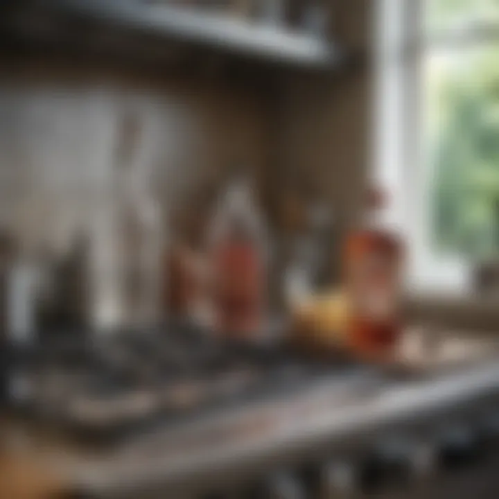 Bottle of vinegar next to a glass stove top with cleaning supplies