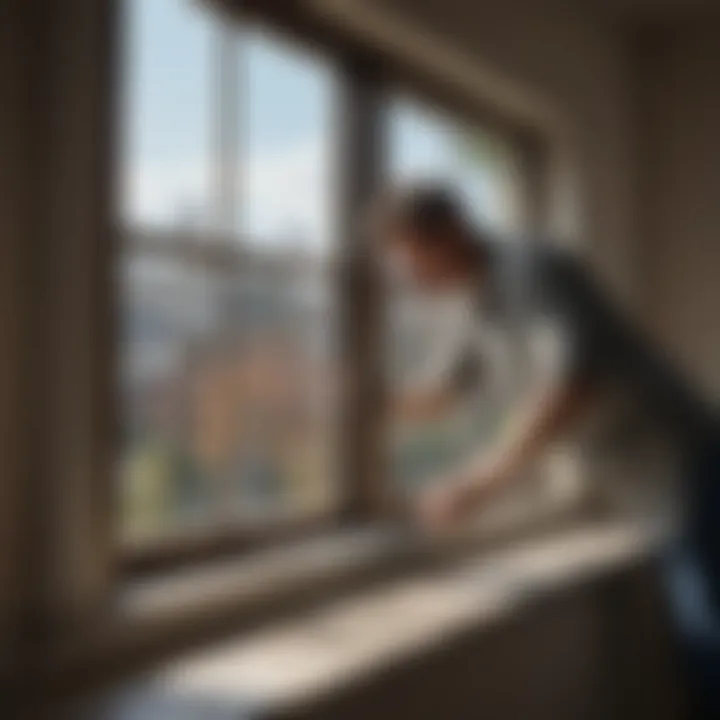 A person using a squeegee on a large window